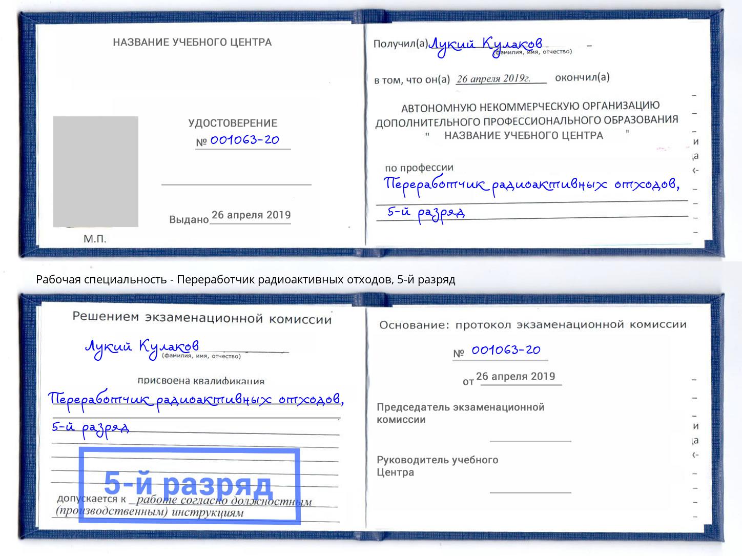 корочка 5-й разряд Переработчик радиоактивных отходов Кулебаки