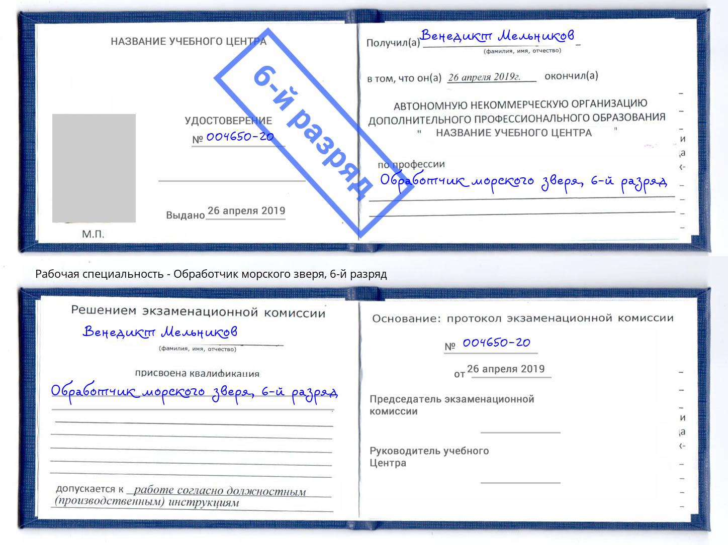корочка 6-й разряд Обработчик морского зверя Кулебаки