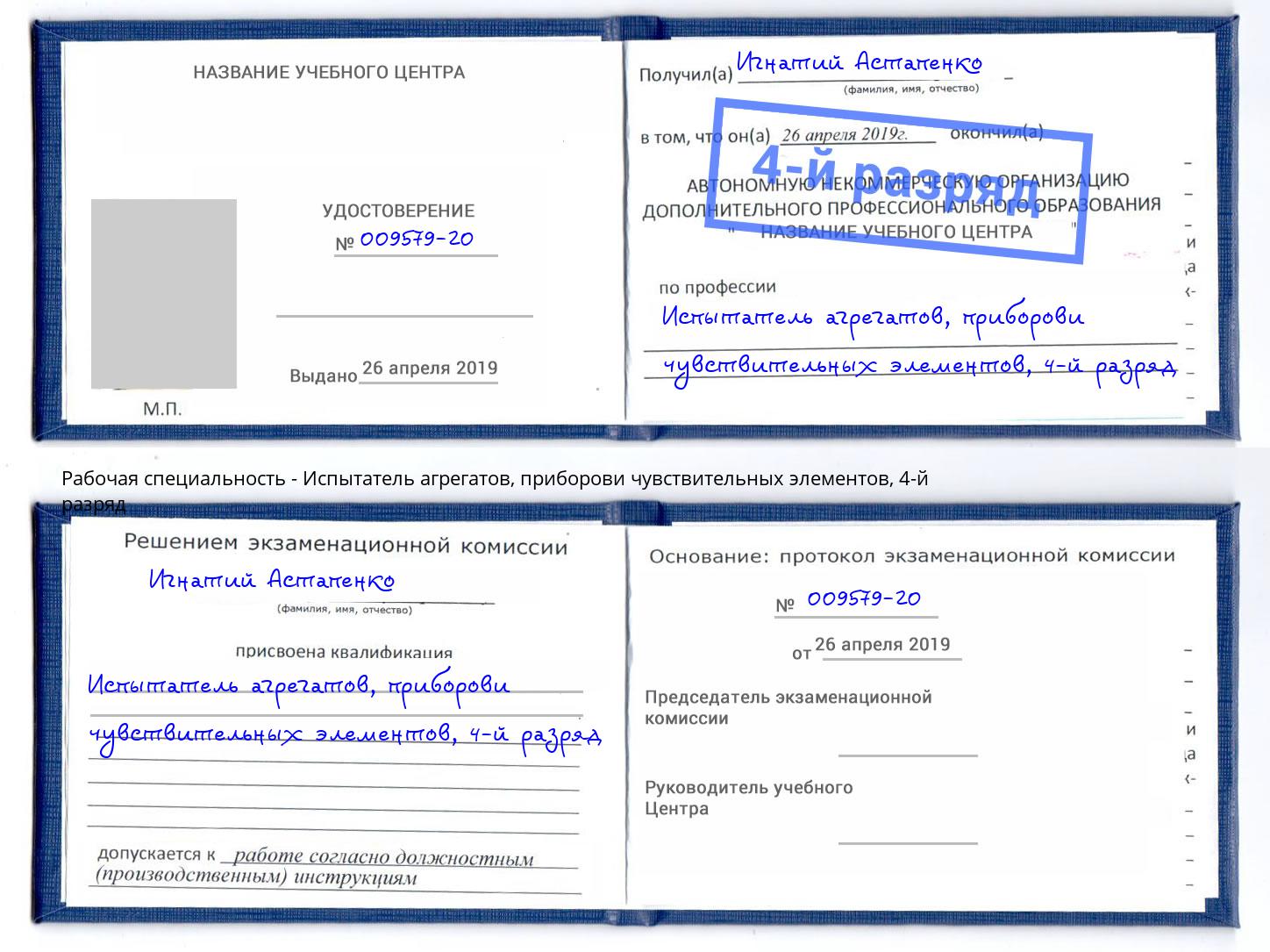 корочка 4-й разряд Испытатель агрегатов, приборови чувствительных элементов Кулебаки