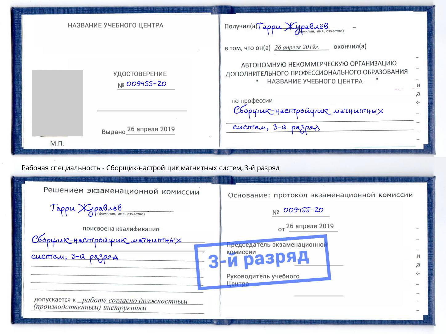 корочка 3-й разряд Сборщик-настройщик магнитных систем Кулебаки