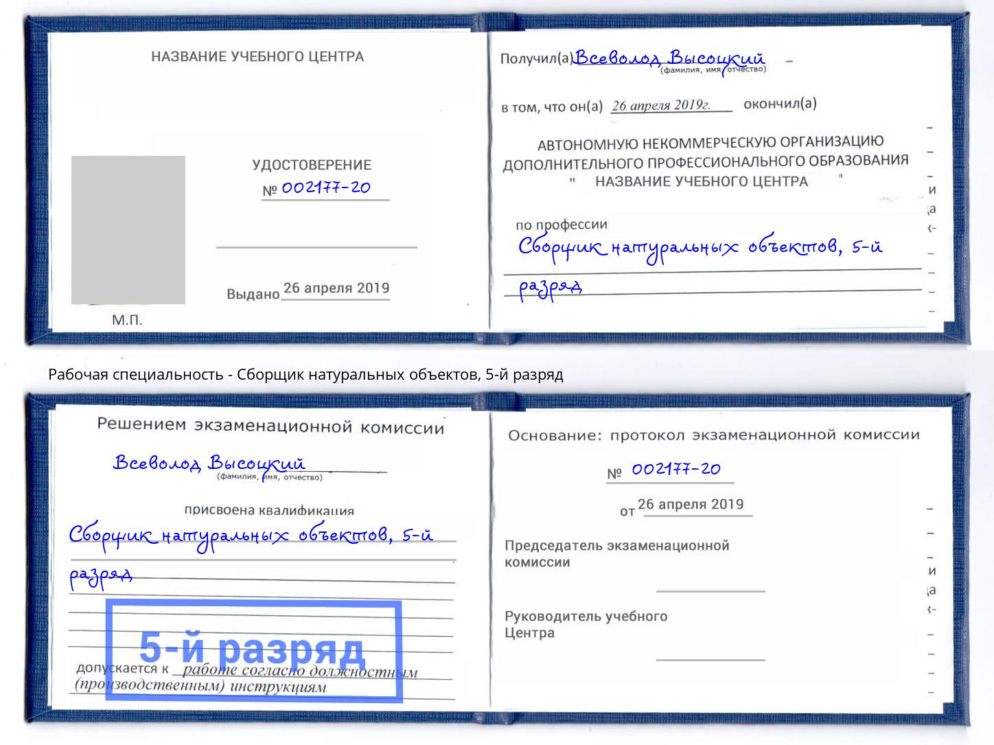 корочка 5-й разряд Сборщик натуральных объектов Кулебаки