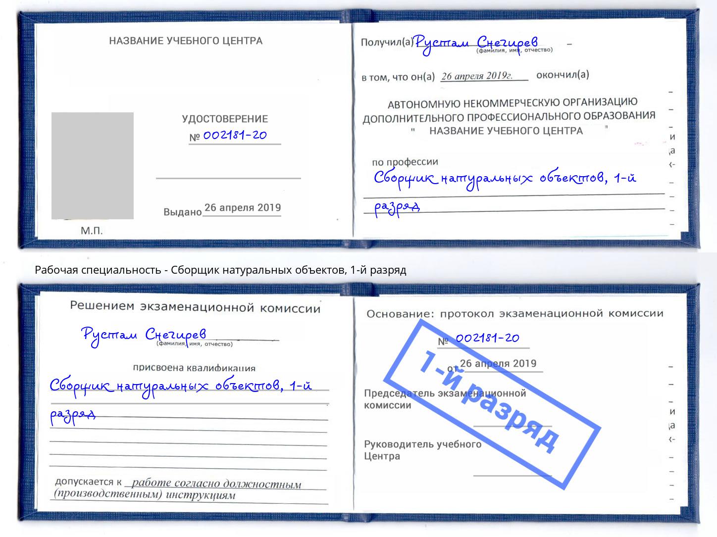 корочка 1-й разряд Сборщик натуральных объектов Кулебаки