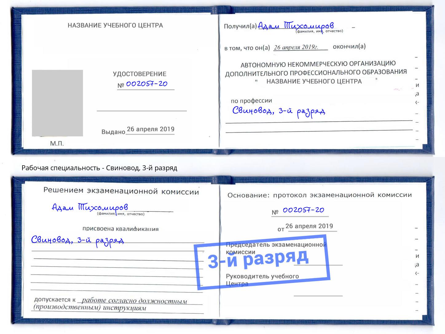 корочка 3-й разряд Свиновод Кулебаки