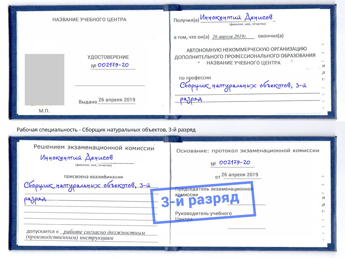 корочка 3-й разряд Сборщик натуральных объектов Кулебаки
